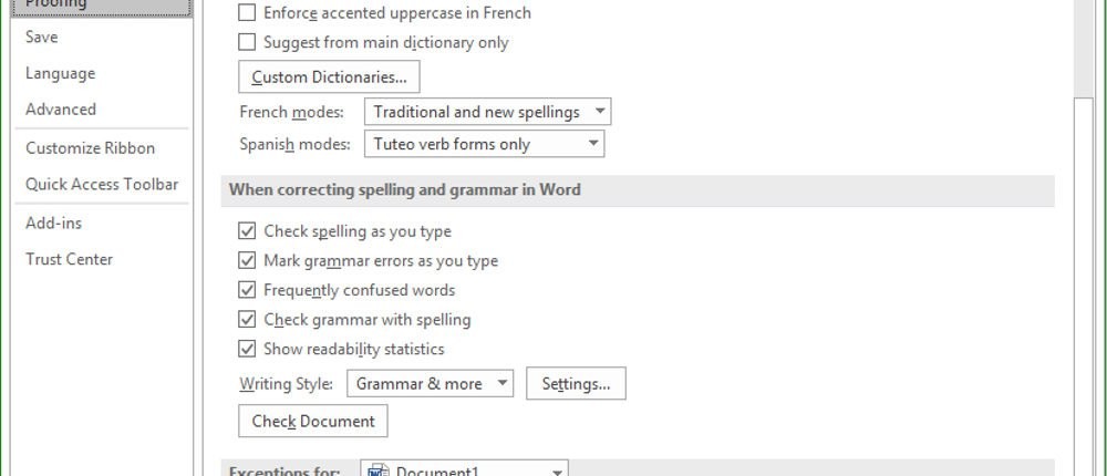 proofing options show readability