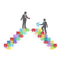 An illustration of two people exchanging pieces of a puzzle, representing co-managed IT solutions.