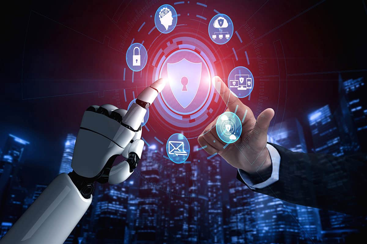 A businessman's hand is reaching out to touch a robot hand with a graphic of a cyber shield.
