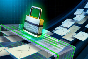 A digital representation of a padlock placed on a transparent surface, surrounded by floating email icons, symbolizing email security and data protection.